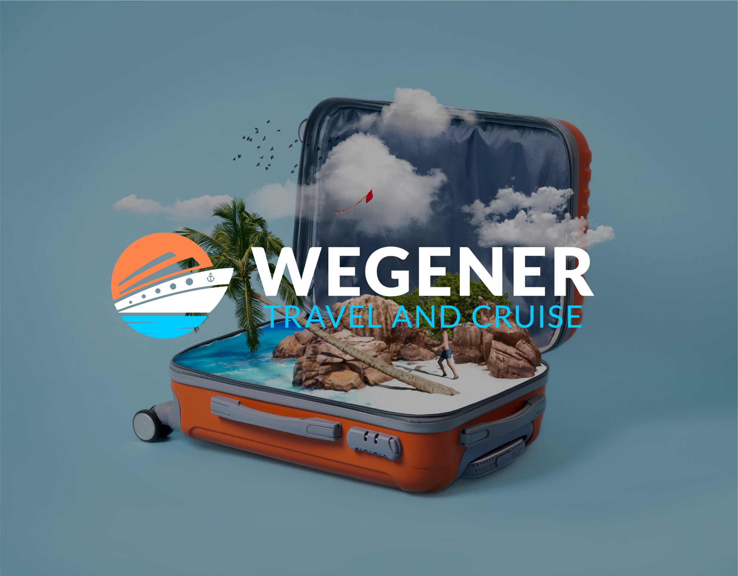 The Wegener Travel and Cruise logo in front of an open suitcase. The suitcase has an island scene in it.