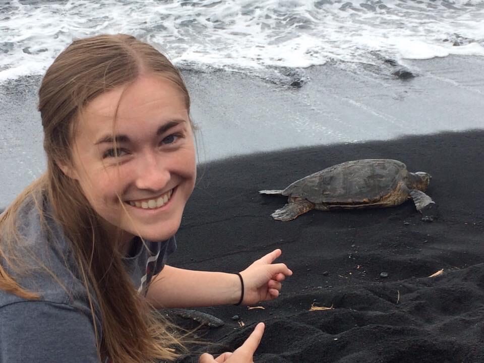woman pointing at turtle on black sand