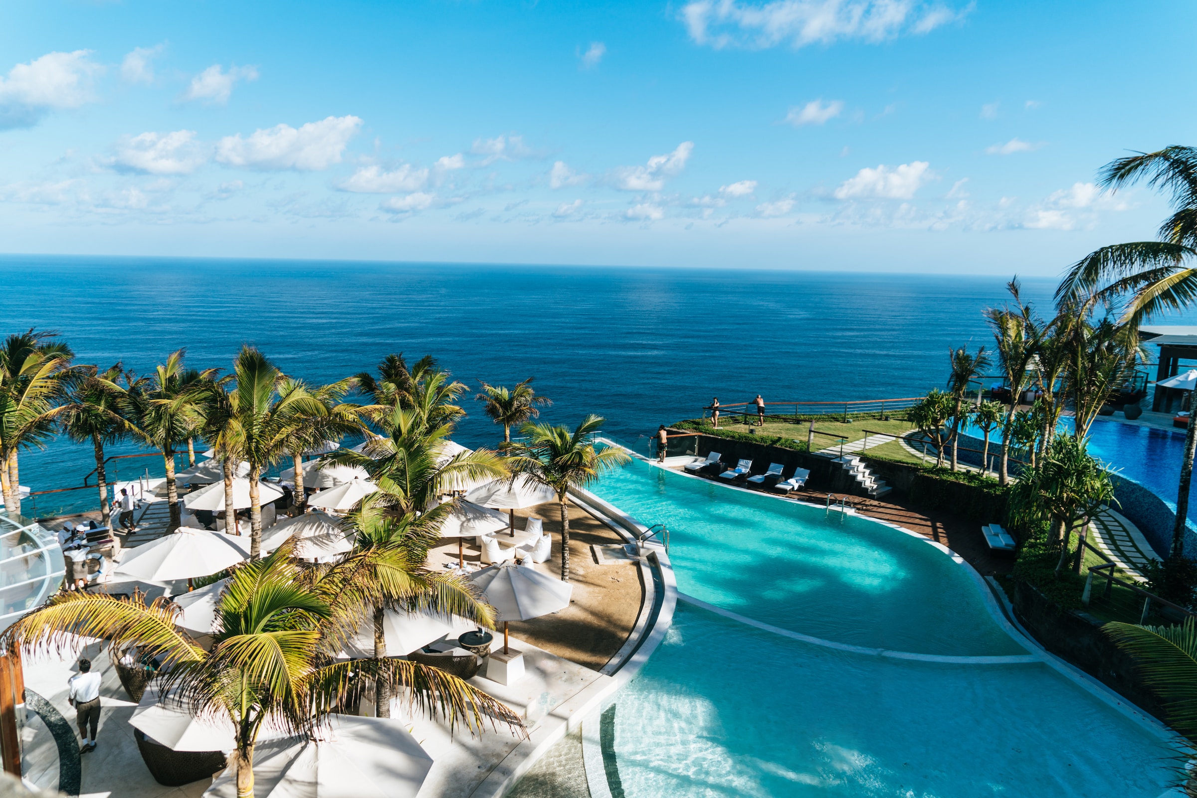 swimming pool near ocean with palm trees