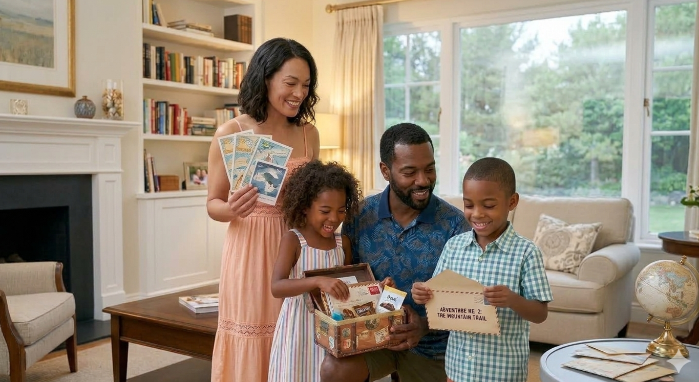 Family opening travel box and boy opening letter